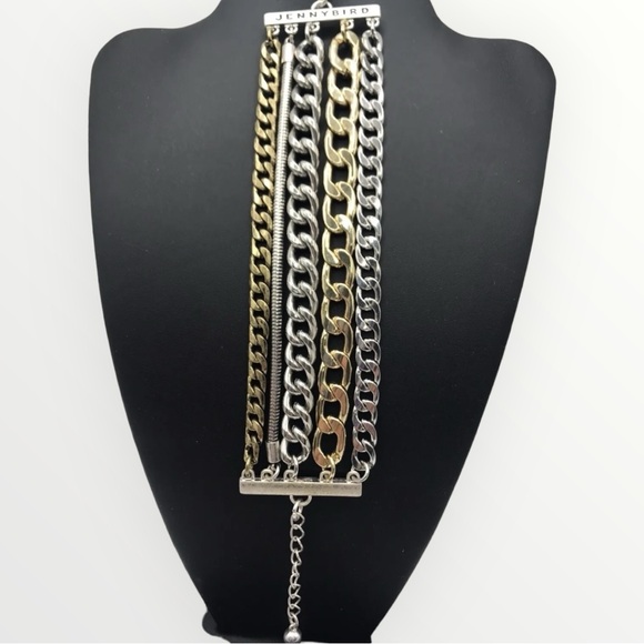 Jenny Bird Bracelet Layered 5 Multi Tone Metal Chains Chunky Cuff Adjustable - Picture 2 of 6